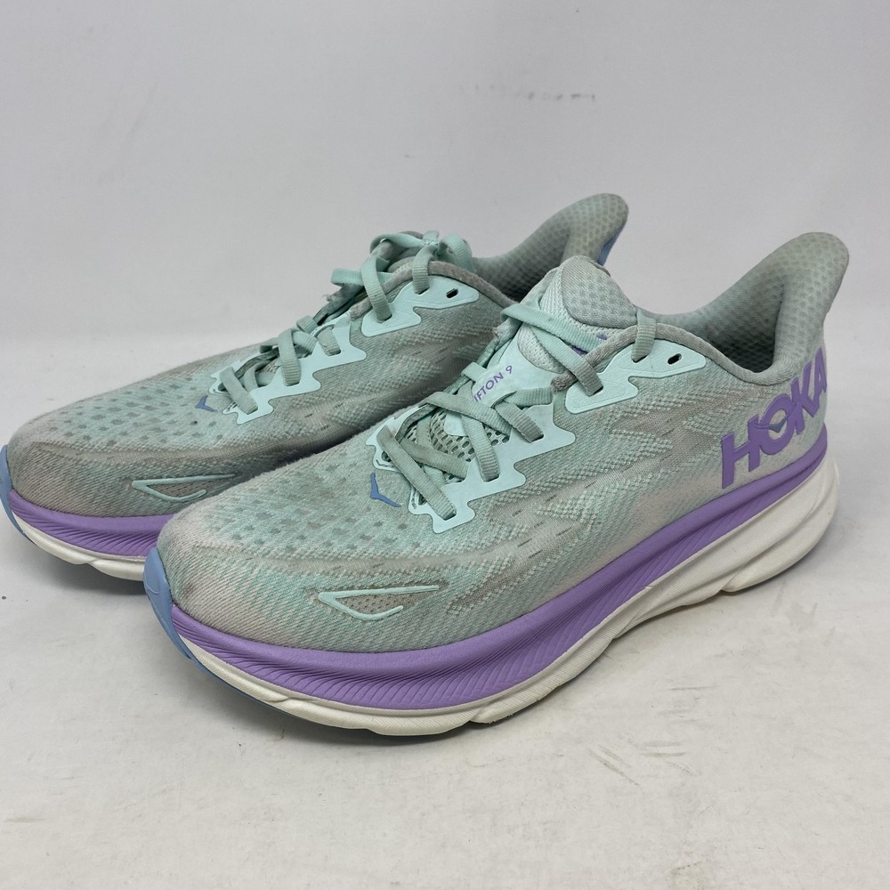 HOKA Clifton 9 Running Shoes Womens Size 9.5 Mint Green Purple Cushioned Mesh